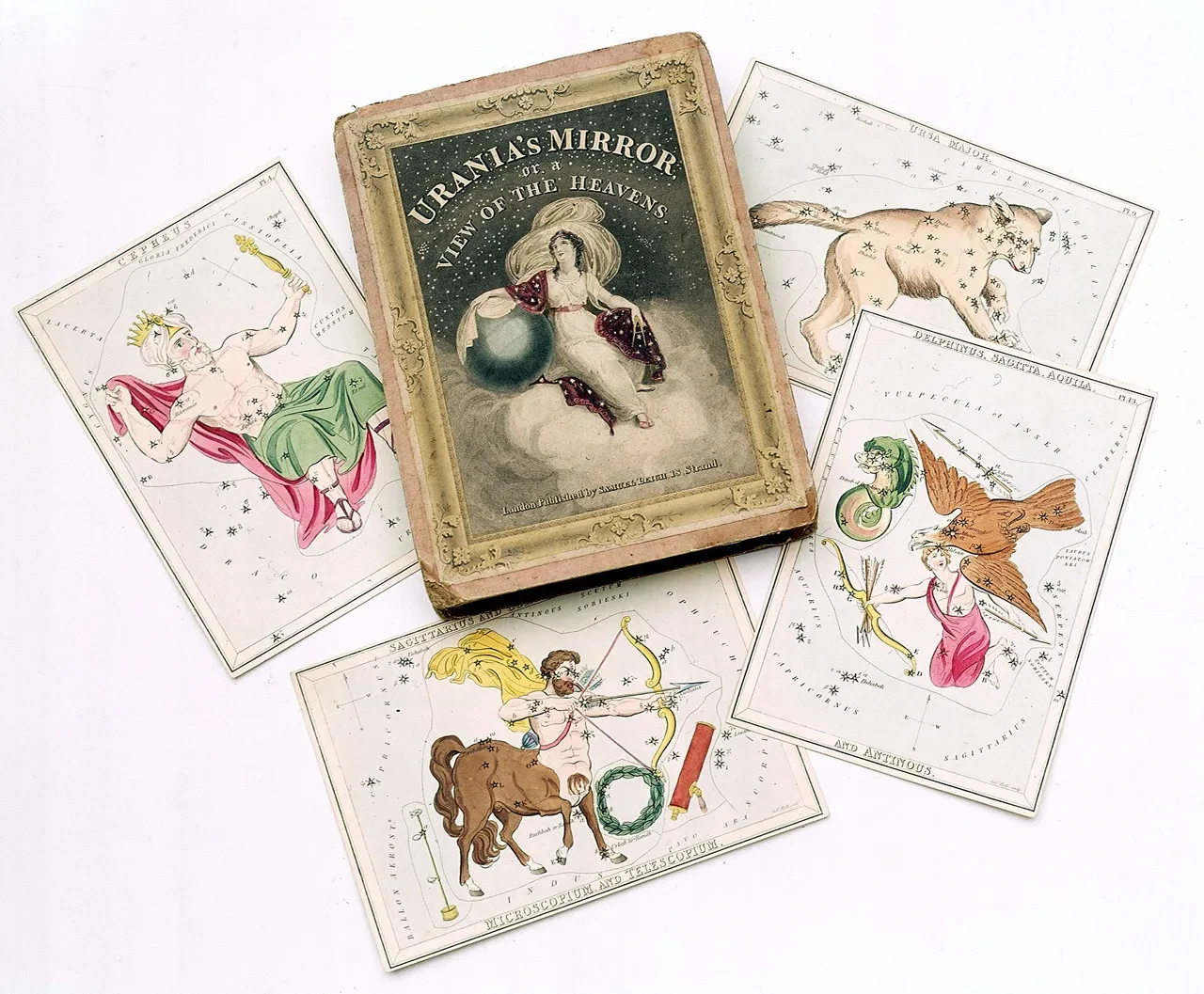 Set of 32 cards and one chart of the heavens for the latitude of London. The cards are hand coloured and show the contellations. Each star is pricked out in the centre, and due to the tissue paper backing, the light shines though when the card is held up