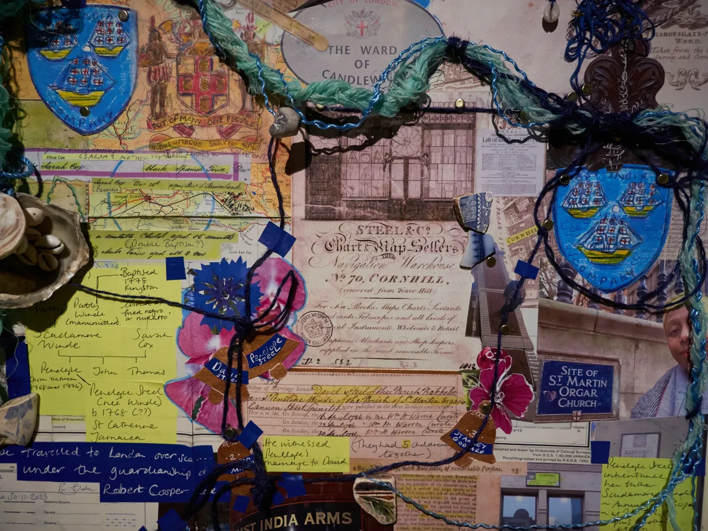Details of wall plaques and historic documents as part of a collage artwork
