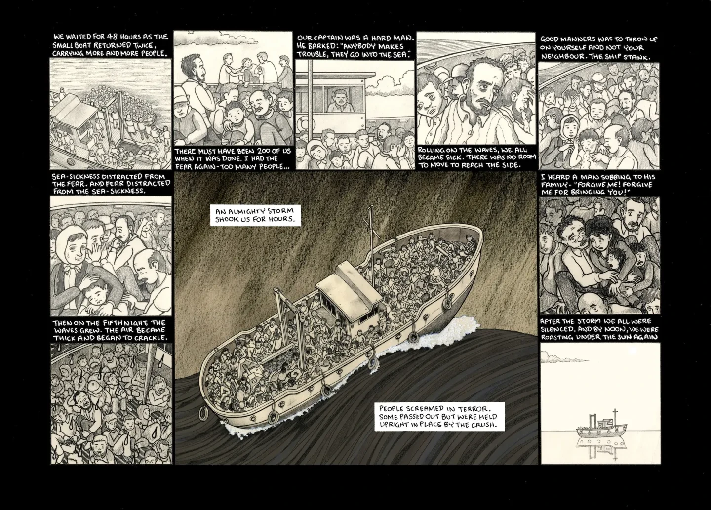 Scene from a comic strip titled 'A Perilous Journey'. A boat full of migrants is depicted cresting a wave in the central frame