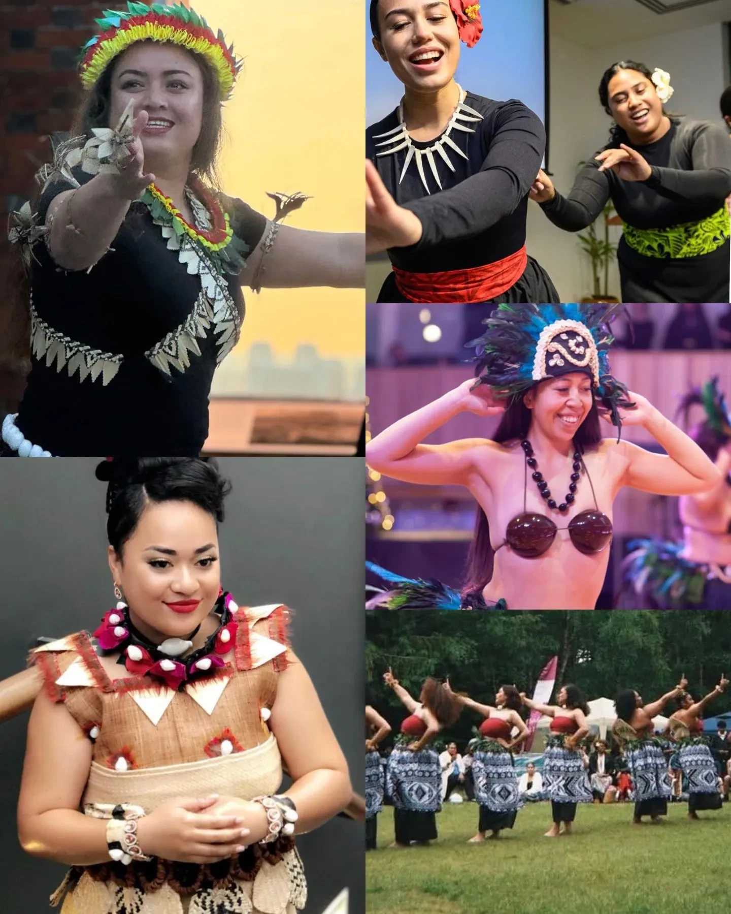 A composite image of various women in traditional Pacific Islanders dress dancing and performing