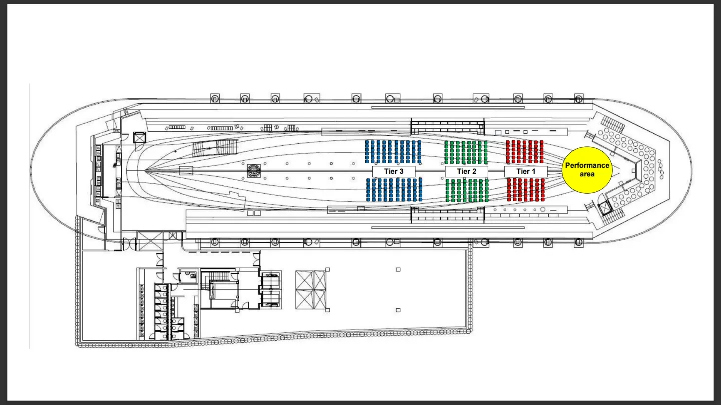 A plan of the Cutty Sark with rows of blue, green and red seating in front of a circular yellow staging area 