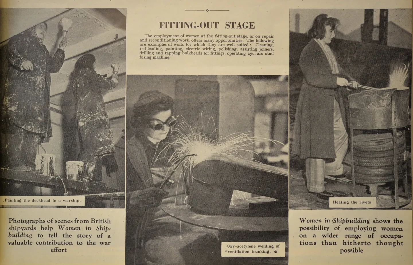 Various photographs of women involved in the fitting out of a ship, welding and other heavy industry tasks.