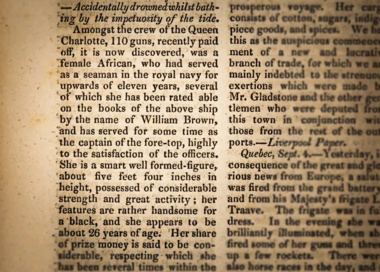 A block of text relating to the career of female sailor 'William Brown'