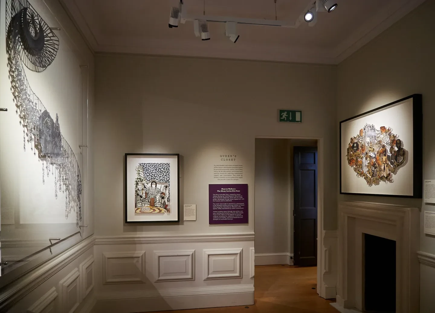 A display of collage artworks in a white room in the Queen's House