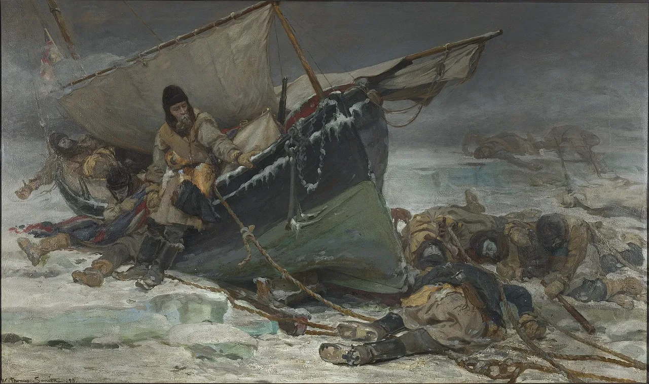 A painting of Franklin's men dying beside their small boat, which is trapped in the ice. One man is leaning against the side of the boat observing the terrible scene around him.