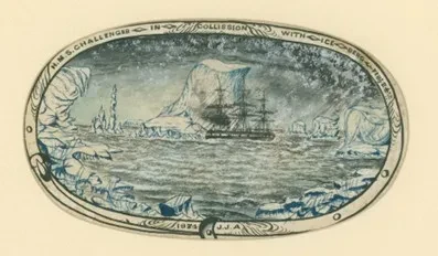 A watercolour painting by John Arthur of HMS Challenger in collision with an iceberg, 24 February 1874
