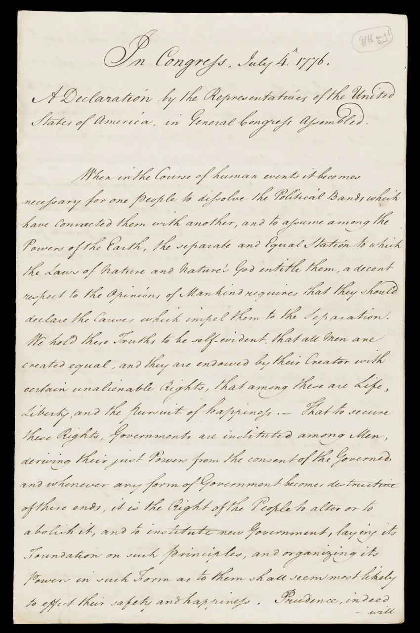 The image is a scan of a cream paper manuscript with the part of the Declaration of Independence transcribed in fancy old-fashioned handwriting.