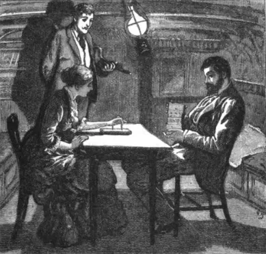 Illustration showing man sitting at table on a ship with a woman opposite and a man standing up, looking at paper on a table