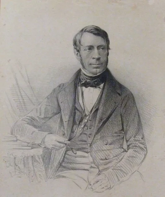 Sketch of Sir George Biddell Airy, 1850. He is sat at a table looking into middle distance.