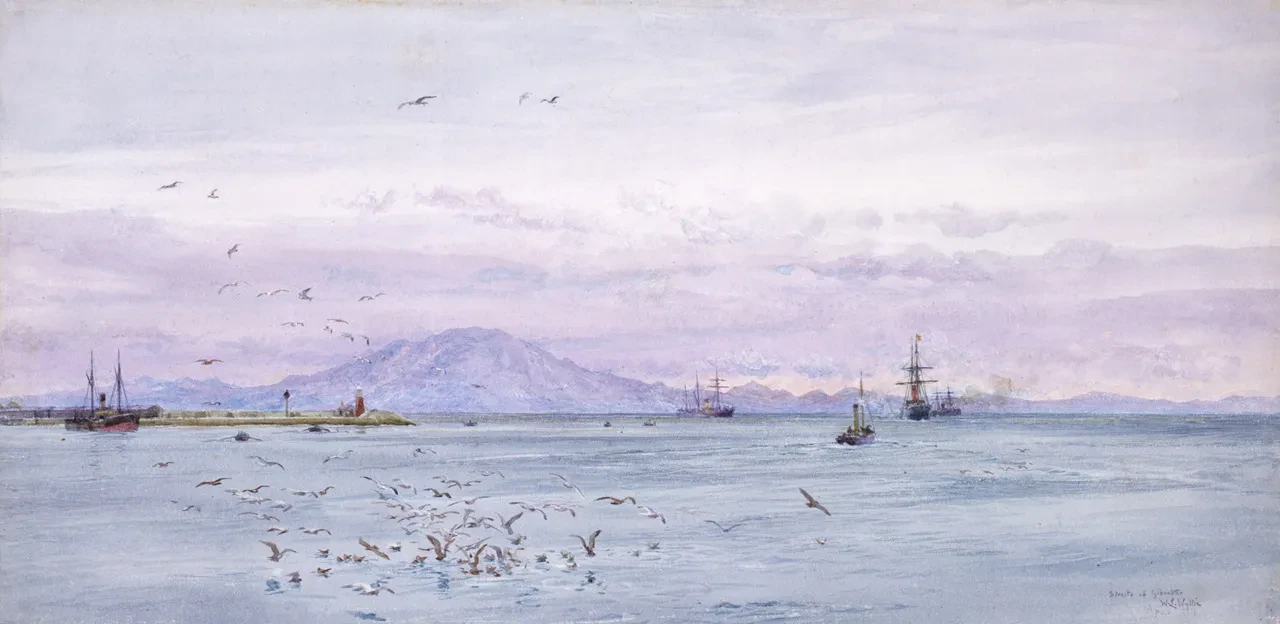 Watercolour in light pastel blues and purples showing sailing ships on wide sea with hill landscape in the distance