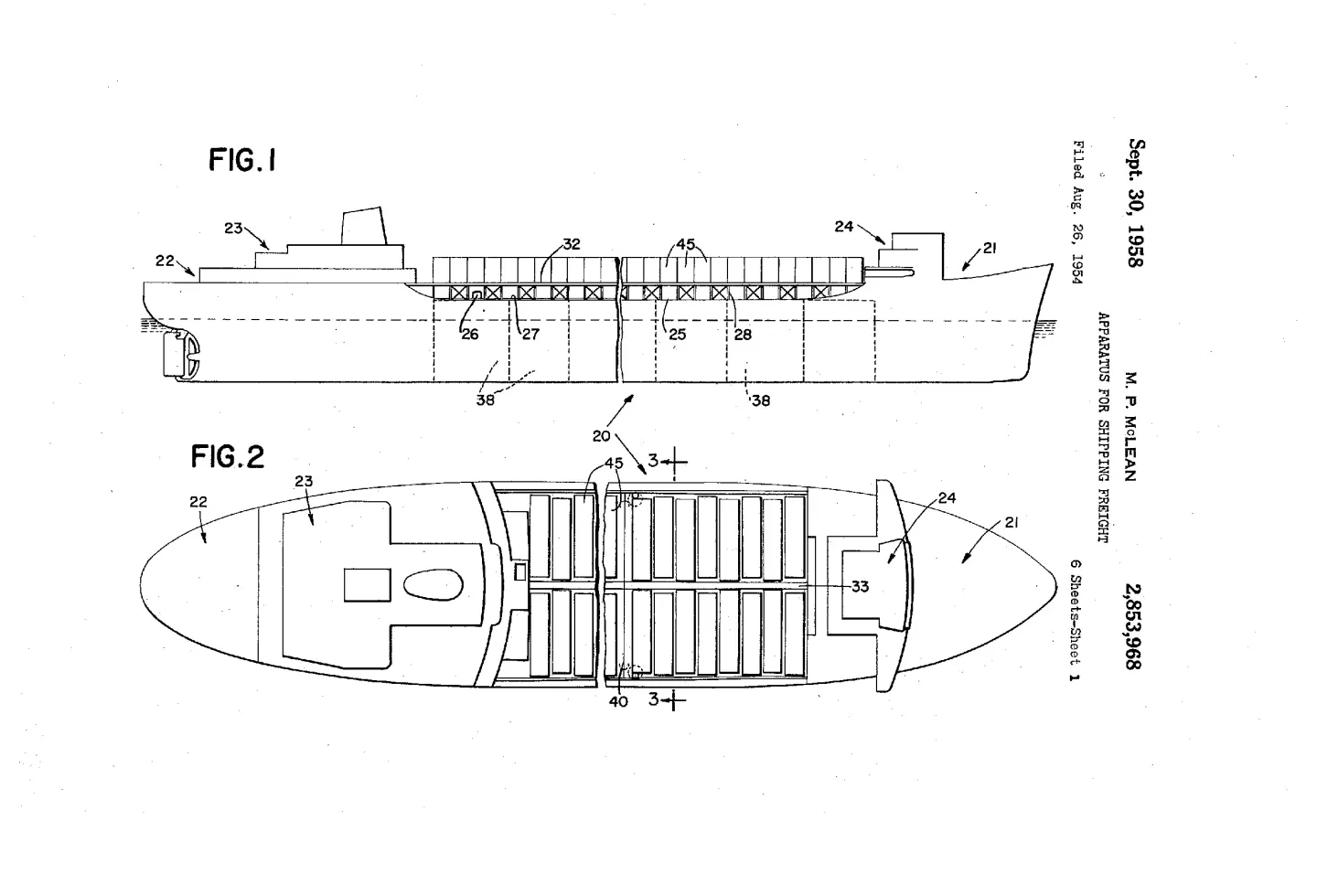 Diagram titled 'apparatus for shipping freight', showing cross section and overhead views of a ship with a series of boxes arranged on deck