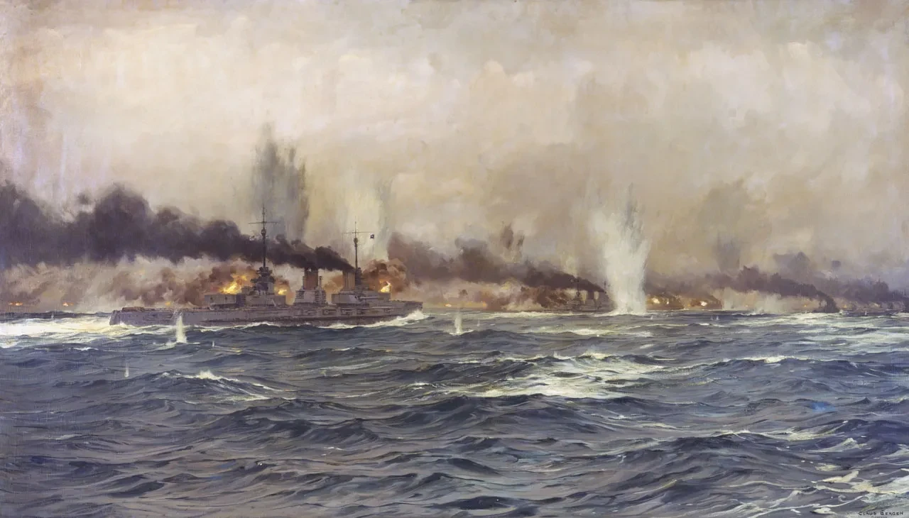 An oil painting showing rough seas, dark skies and a naval battle with warships, fires and plumes of white sea spray