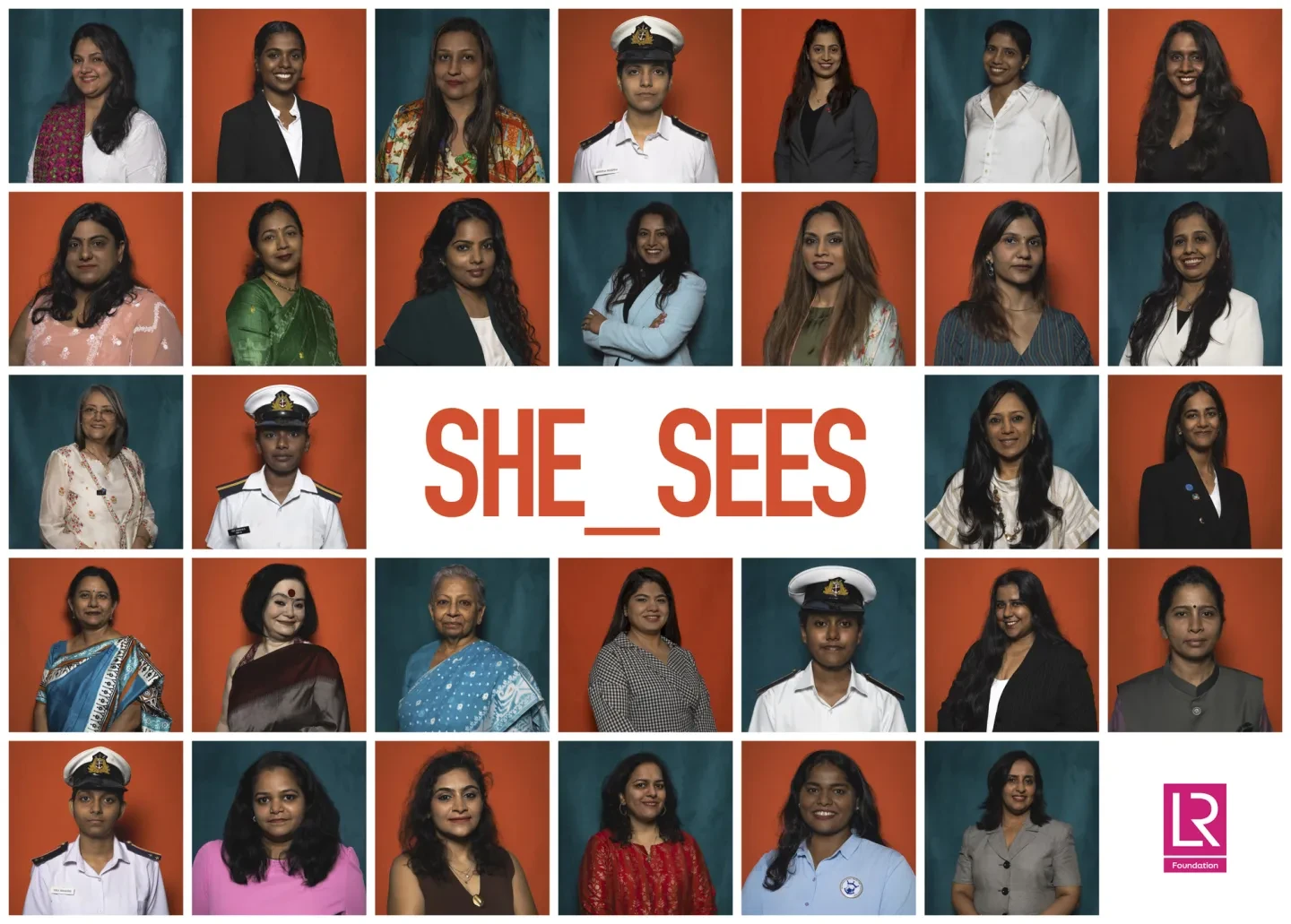 A grid of portrait photographs of women working in India's maritime sector, with the title 'SHE_SEES' in block orange capitals in the centre