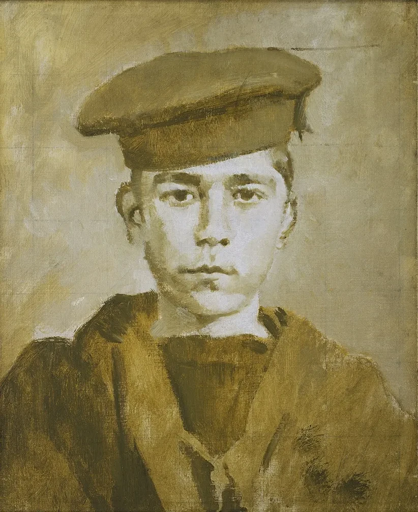 A painted portrait of John Travers Cornwell, a fresh-faced, chubby-cheeked 16-year-old sailor who died at the Battle of Jutland