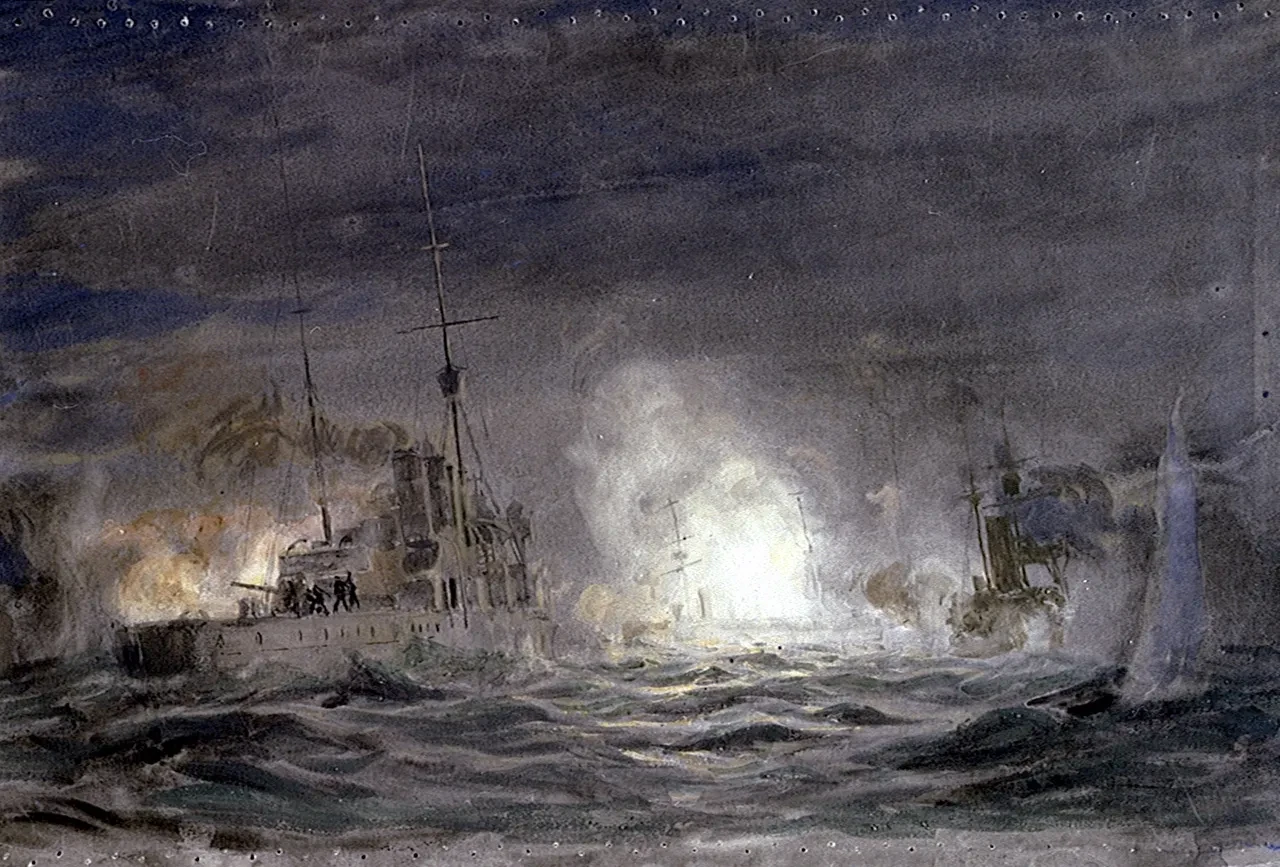 A moody, dark grey and black painting of a naval battle with choppy seas and a white glow of fire or gunpowder in the centre.