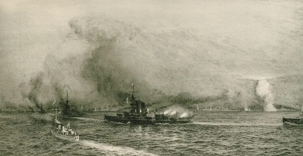 An grey and white etching of the Grand Fleet battleships deploying to port