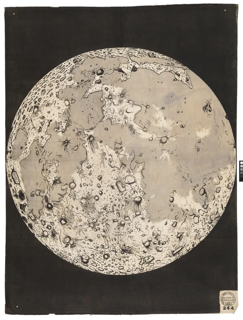 Black and white illustration of the moon, it is highly detailed and shows the surface texture.
