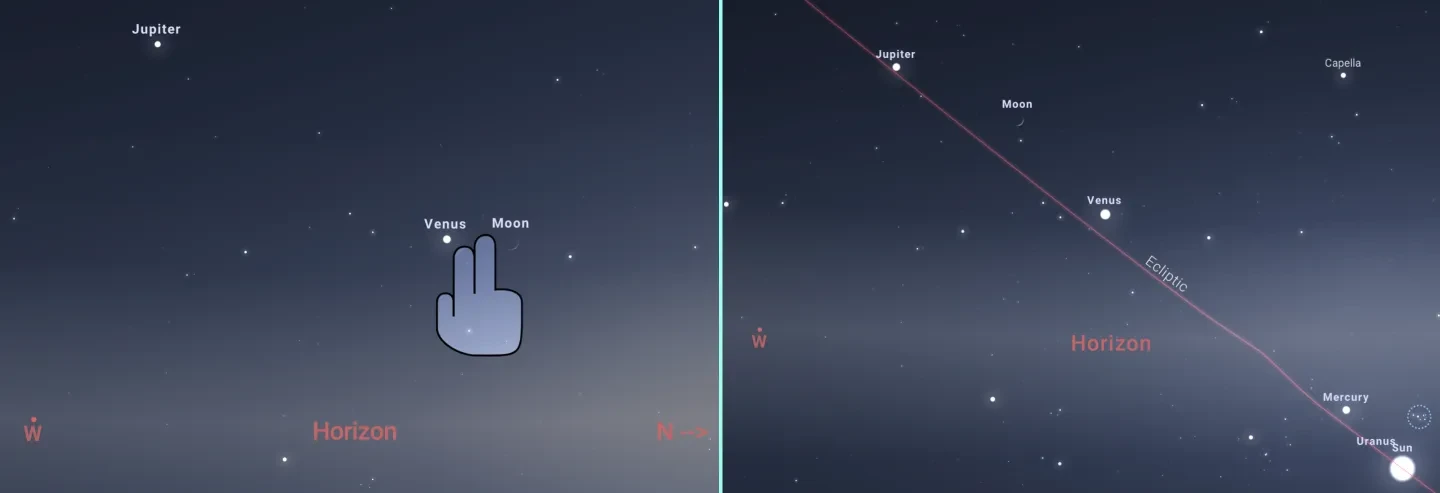 two photos showing moon, jupiter and venus positions