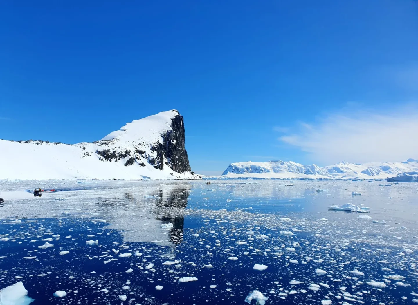 Sheet of ice against a bright blue sky and sea
