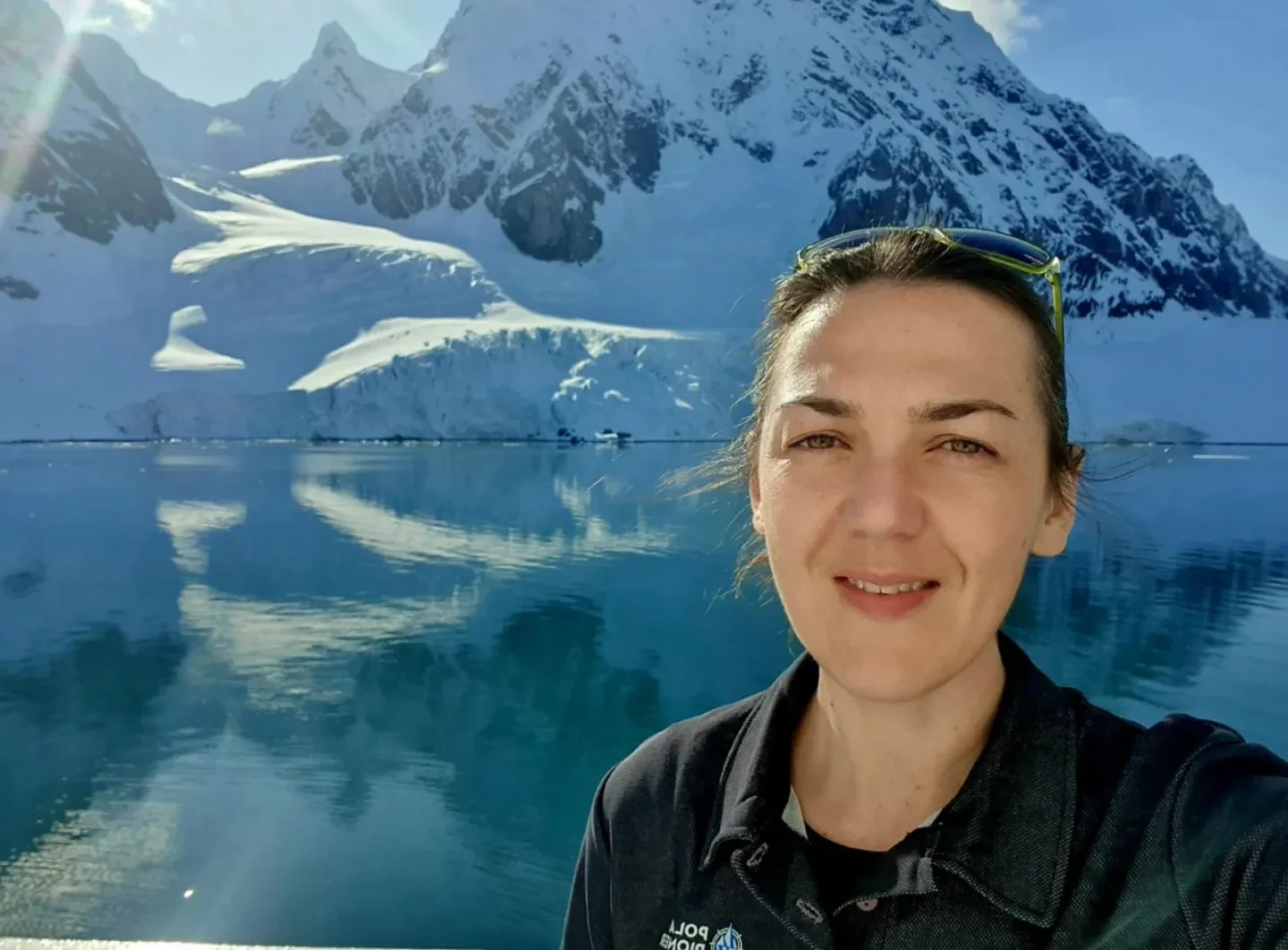 Selfie of Captain Philippa Bowden in front of an icy mountain