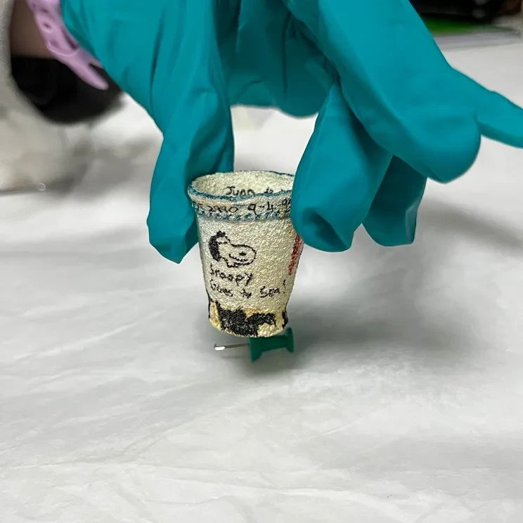 A miniature Styrofoam cup, illustrated with a drawing of Snoopy and the words 'Snoopy goes to sea!'. The cup is being held gently between finger and thumb by a gloved hand