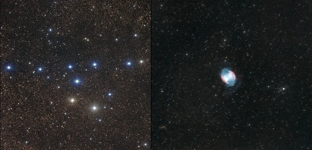 Coathanger cluster and dumbell nebula side by side