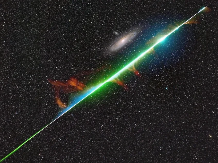 Photo of the Andromeda Galaxy slightly distant against starry sky, with bright colourful meteor trail cutting through sky below it in greens, blues and reds