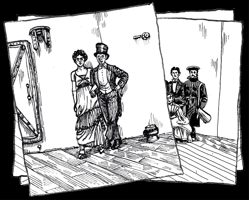 Illustrations based on photos of people in theatrical costume.