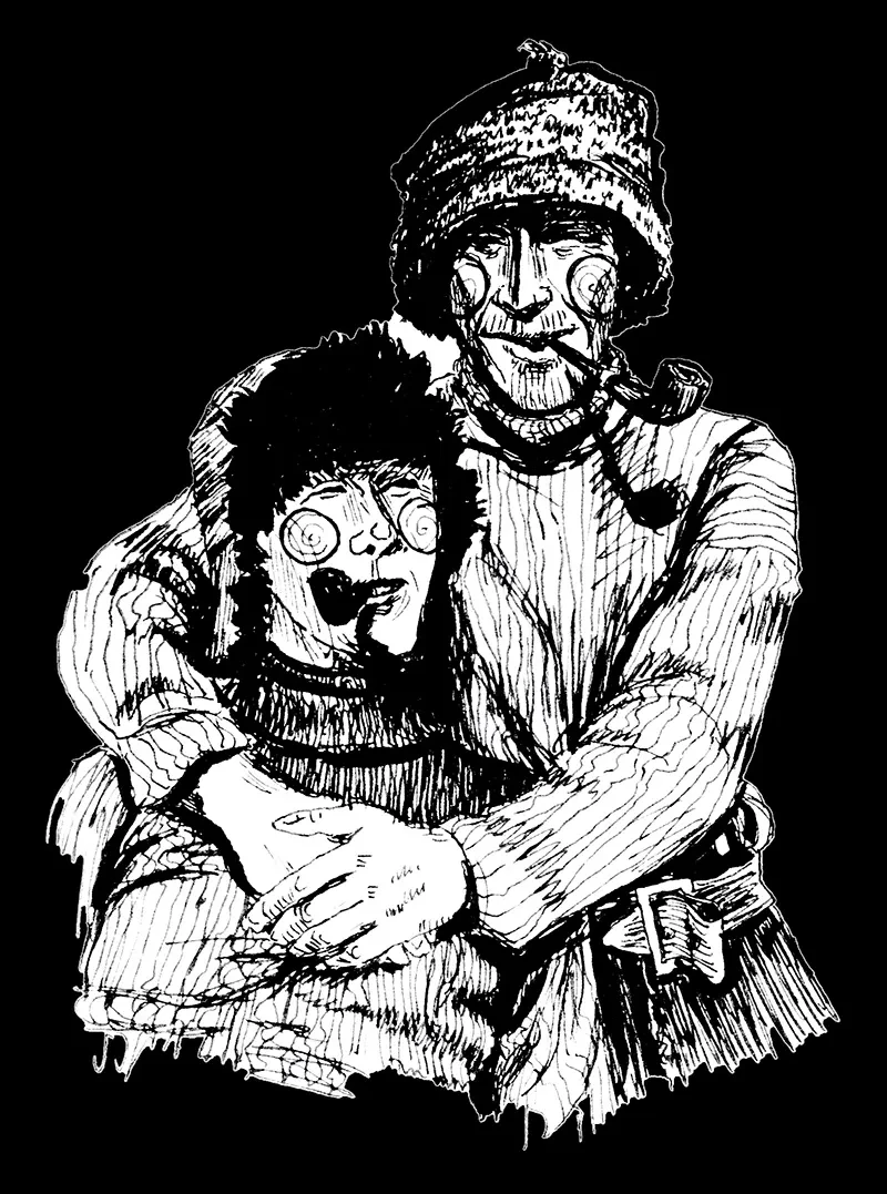 Illustration based on a photo of two men arctic explorers, one has his arms wrapped around the other.