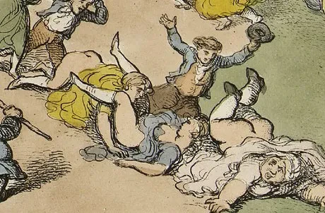 A detail from an 1800s illustration of people tumbling down a hill in various states of undress.
