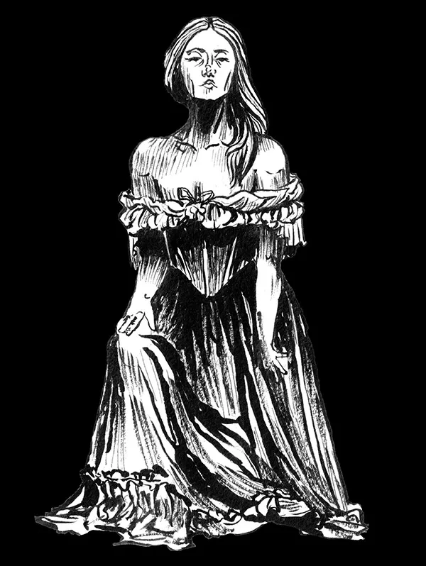An illustration of a woman on one knee with loose hair and a flowing dress.