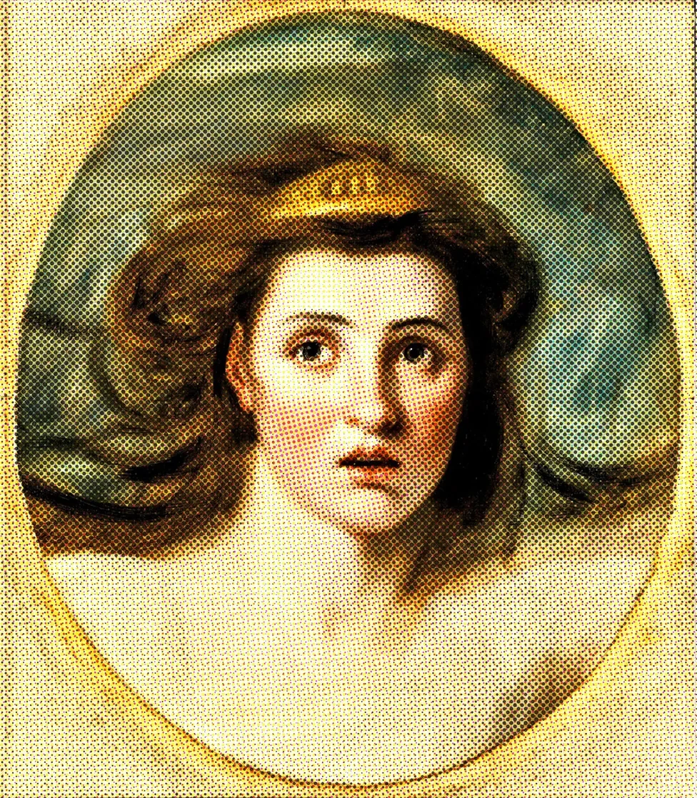 Painted portrait of Emma Hamilton, a white woman with long hair and a sad or thoughtful expression.