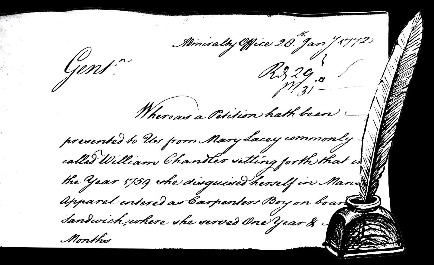 Illustration a letter addressed to 'Gent' and an ink pot and quill.