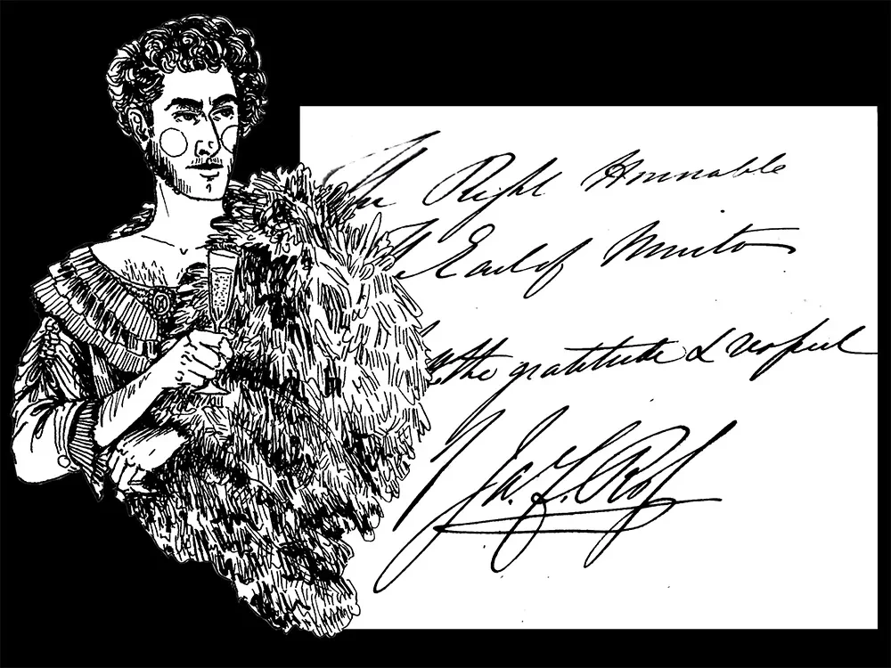 An illustration of a man in 19th-century women's clothing and a handwritten note.