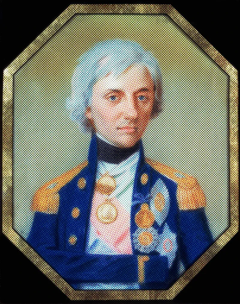 A pastel portait of Nelson in blue Naval uniform, with white hair.