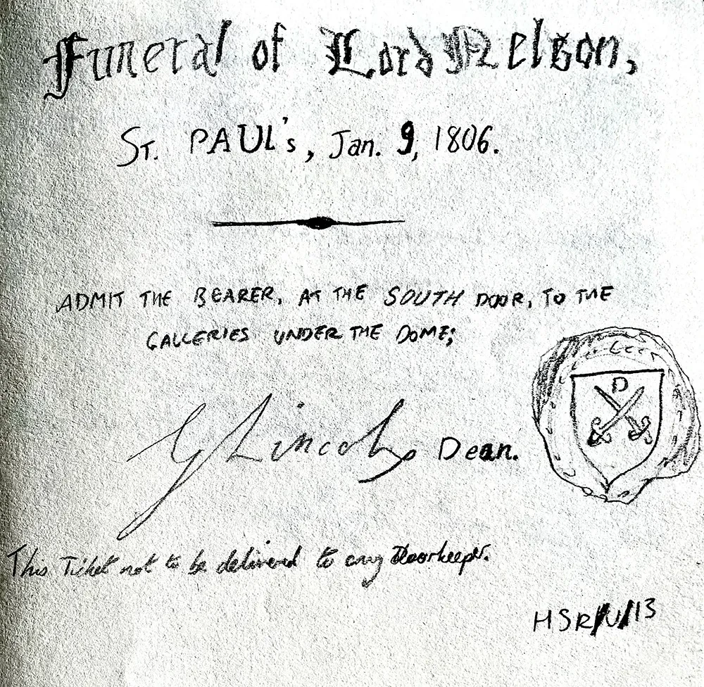 A handwritten invitation to the funeral of Lord Nelson at St Paul's, Jan 9, 1806