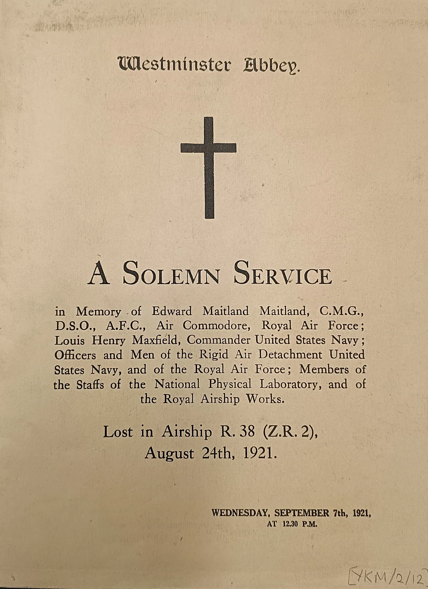 A photograph of the cover for the programme for the memorial service held at Westminster Abbey