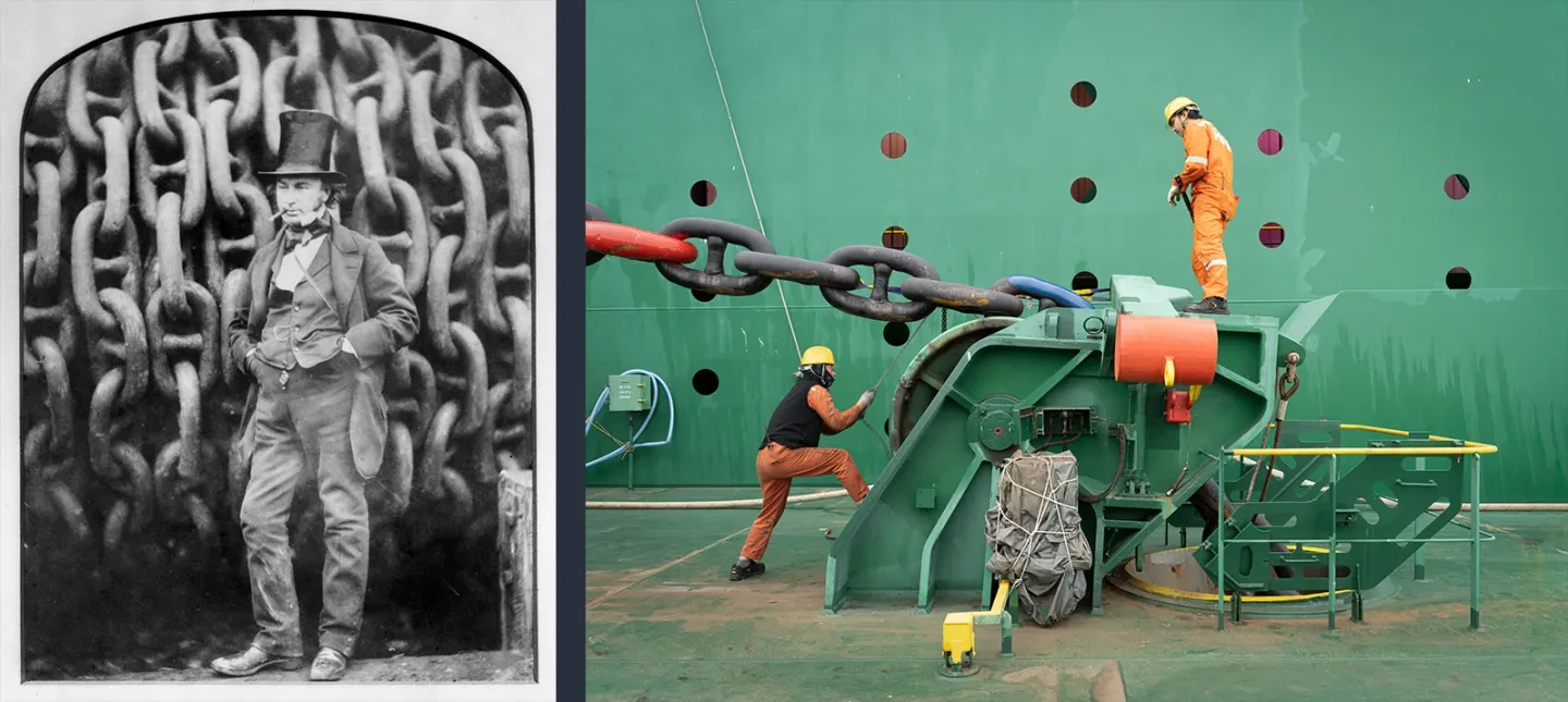 Two images side by side: on the left is a historic black and white photograph of Isambard Kingdom Brunel standing in front of large chains. On the right, two seafarers work on repairing a winch chain on board a large shop