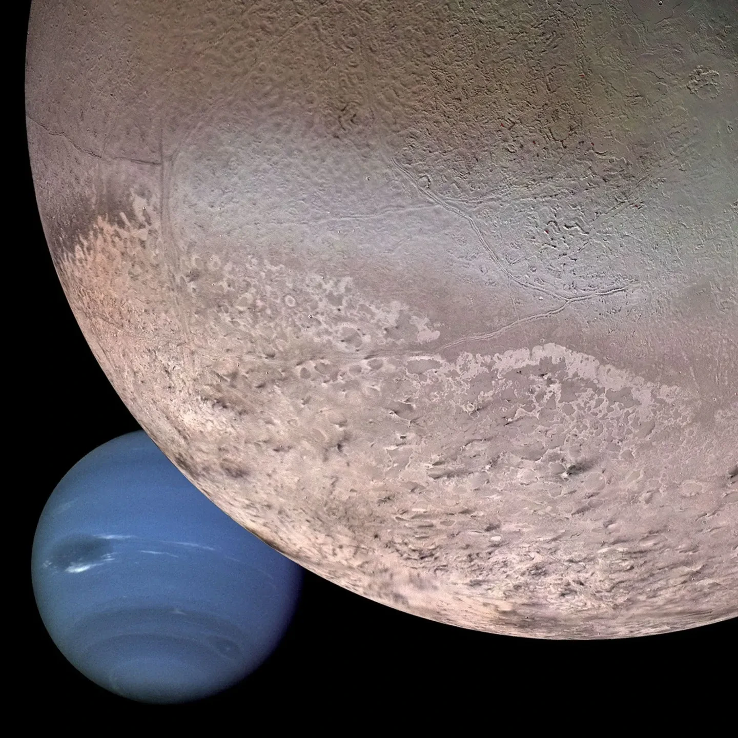 Photo of Triton in the foreground with textured surface visible, Neptune in background with clouds and storms visible.