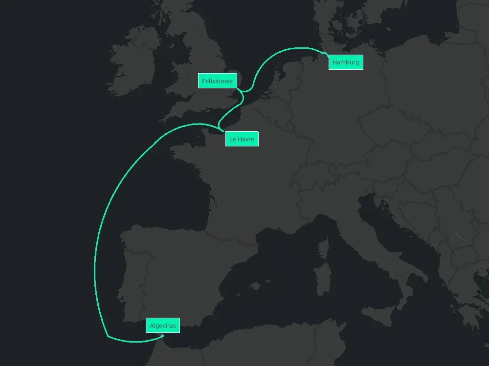 A route map, showing a green line joined by four labels. Following the line they read Hamburg, Felixstowe, Le Havre and Algeciras