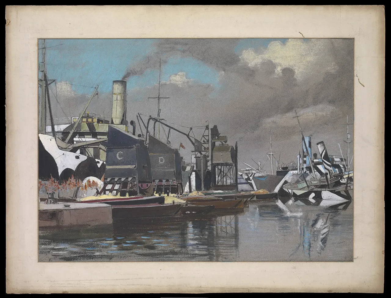 Drawing of two ships discharging grain adorned with camouflage paint