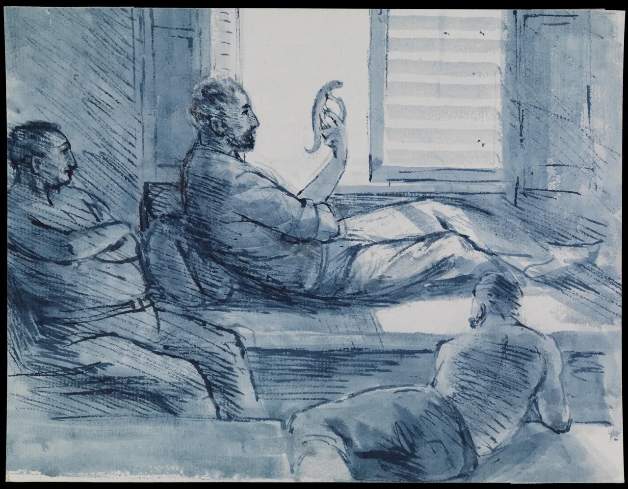 Drawing of three inmates in a prisoner of war camp