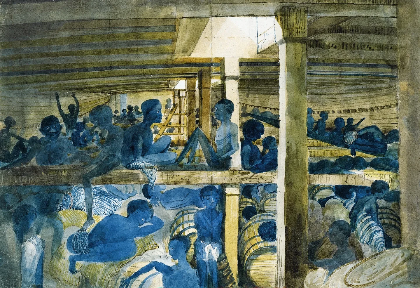 A watercolour sketch the sketchbook of Acting Lieutenant Francis Meynell made during the prize voyage of Albanez, a Brazilian slave ship captured in 1845 by HM Sloop Albatross. The image shows enslaved African people being kept in the hold of the ship.