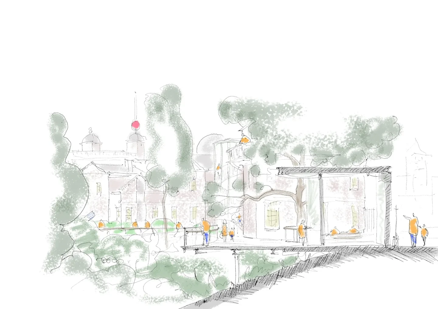 Landscape design concept illustration showing a tree walkway and modern buildings