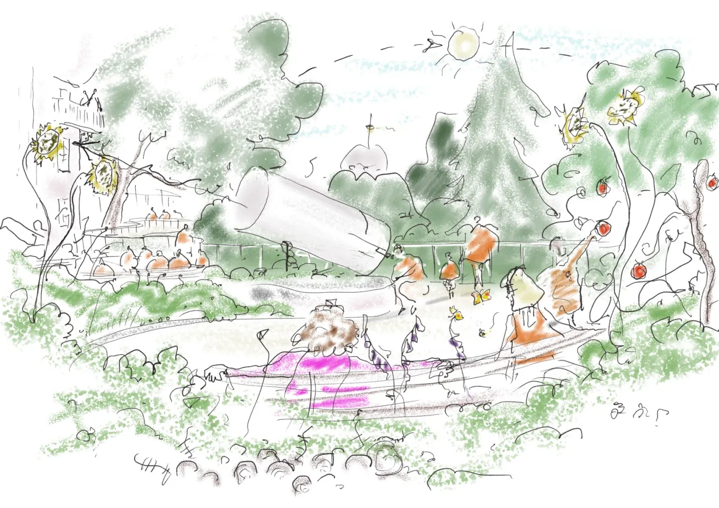 Sketch of a colourful garden space at the Royal Observatory with fruit trees and benches for people to sit