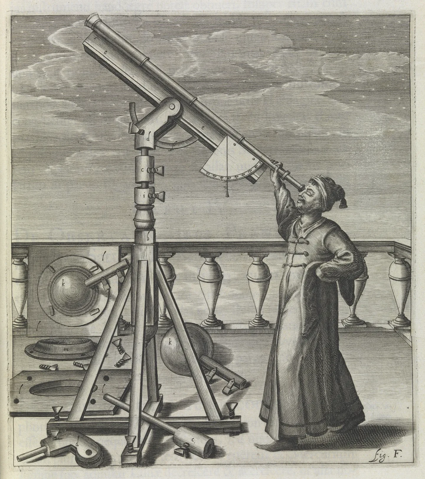 Engraving of historical figure looking through very big telescope