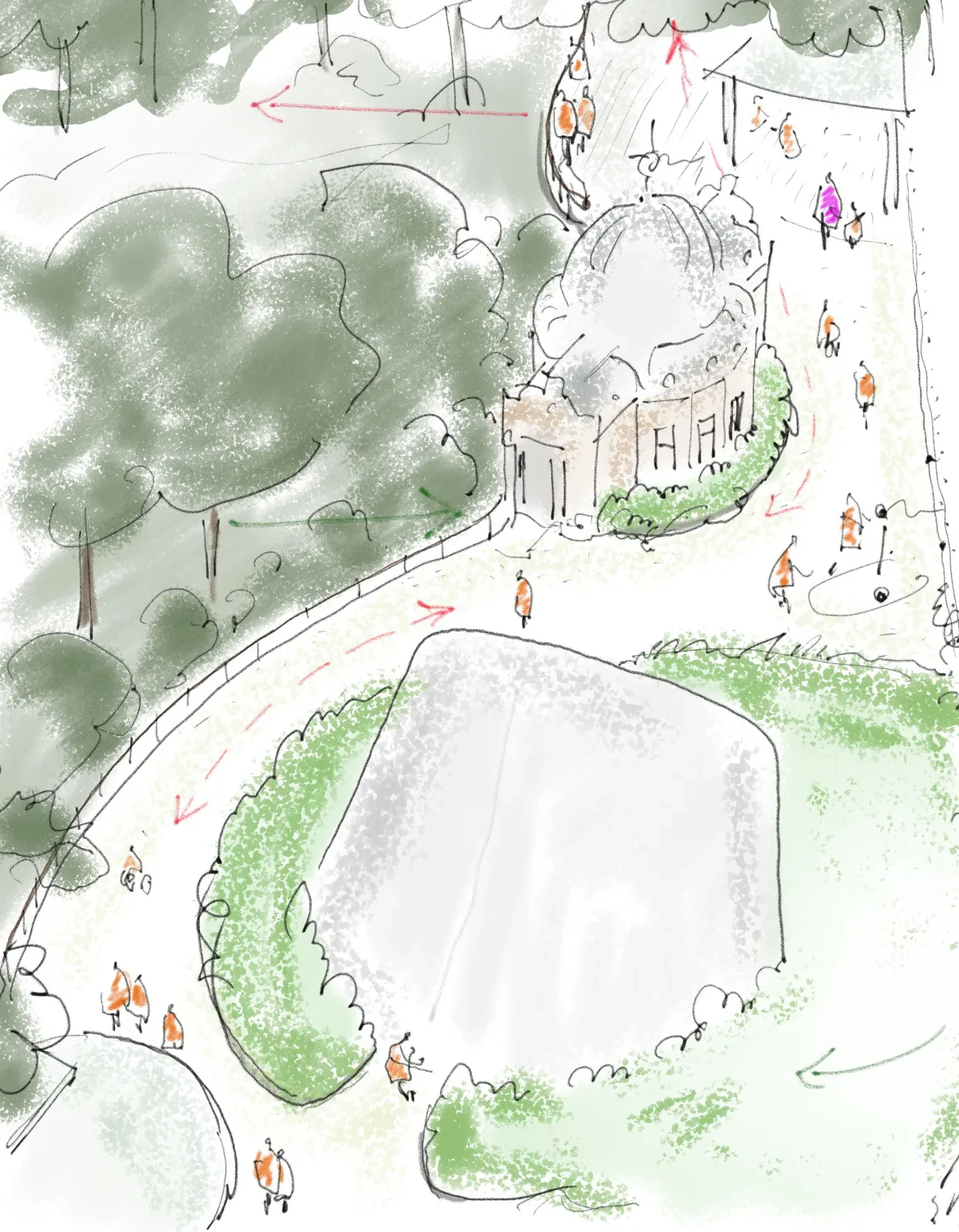 Concept sketch of planting around the Altazimuth Pavilion and grasses around the dome of the Peter Harrison Planetarium