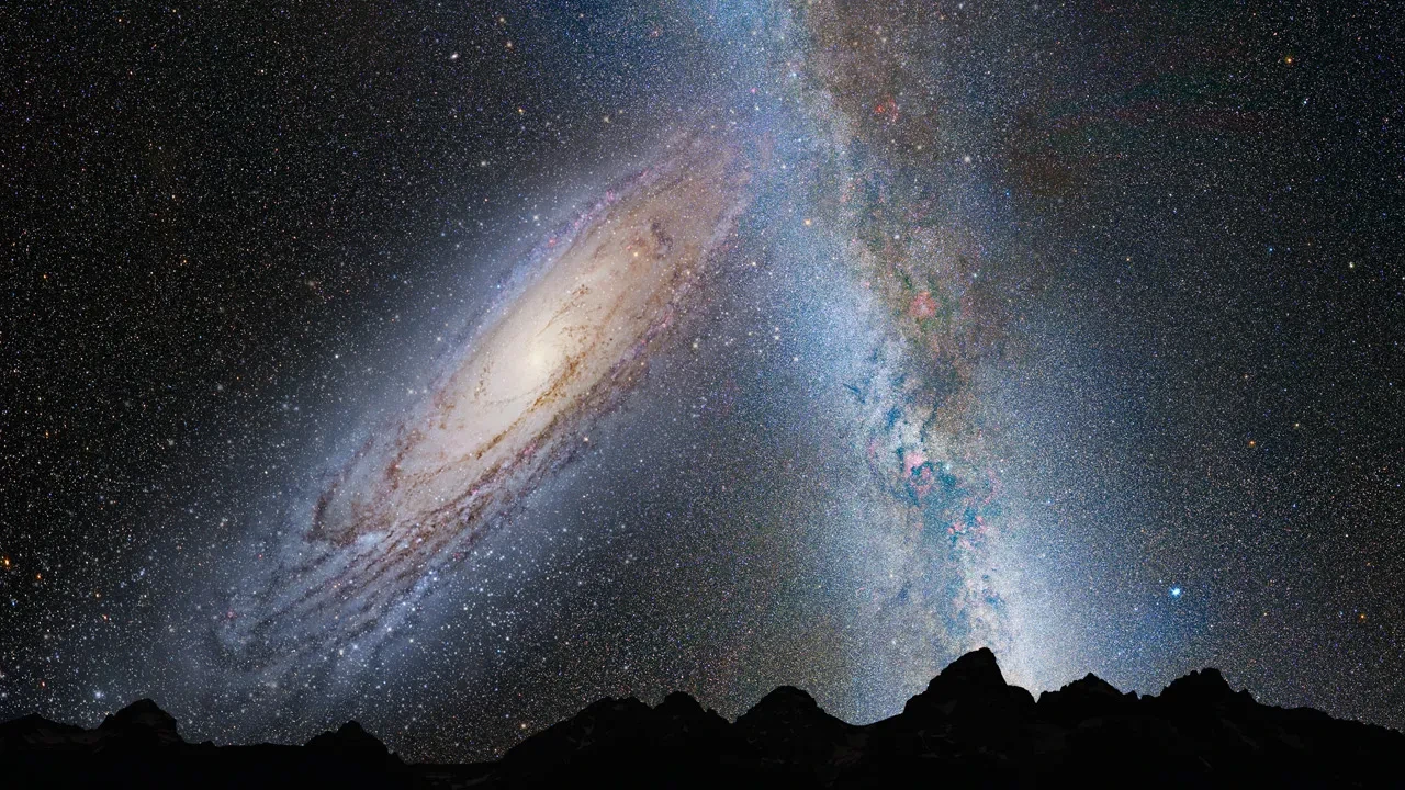 Illustration showing band of Milky Way on the right with massive Andromeda Galaxy next to it in the sky