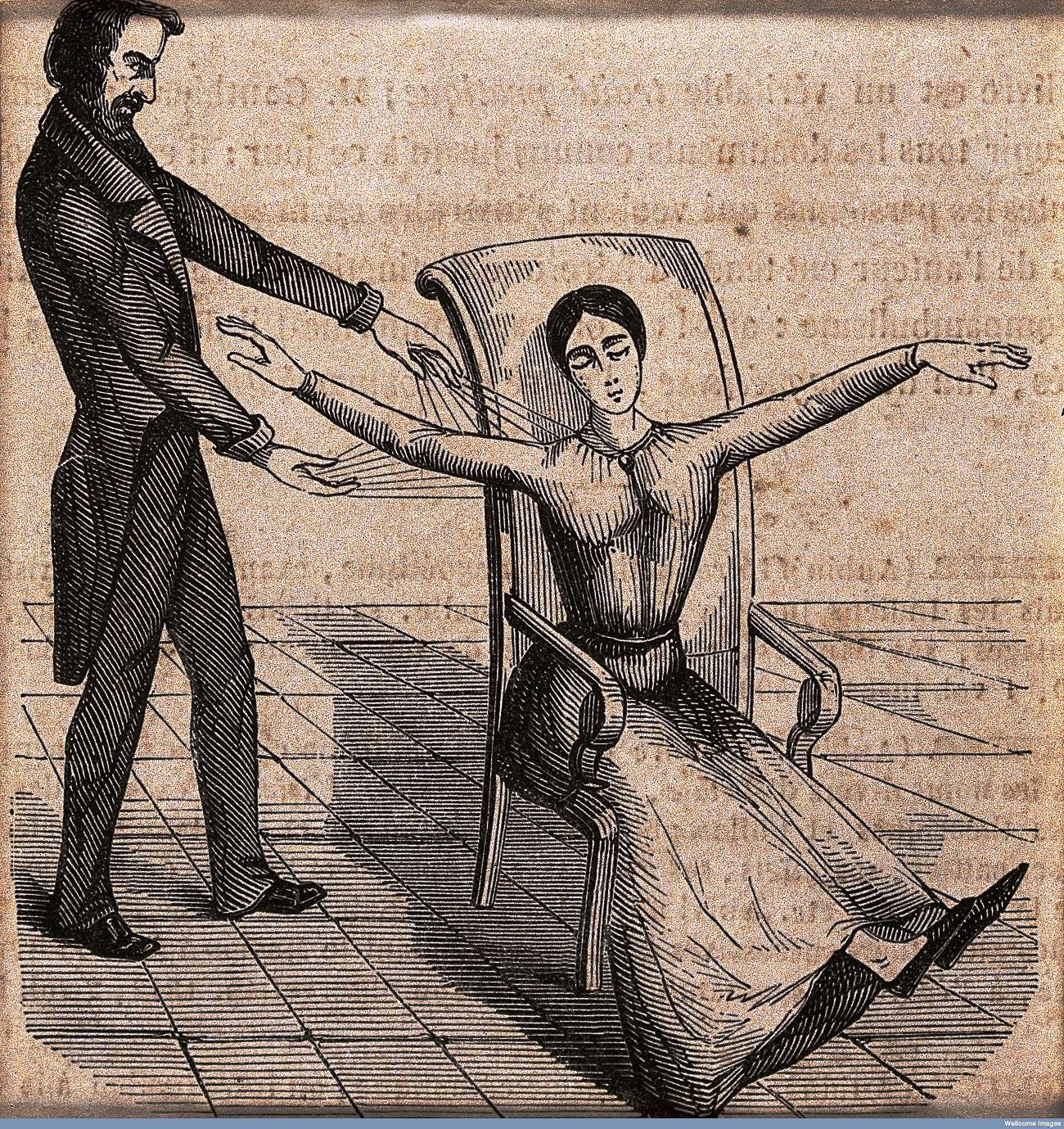 “A Mesmerist using Animal Magnetism on a woman who responds with convulsions”. Source: Wellcome Library, London.