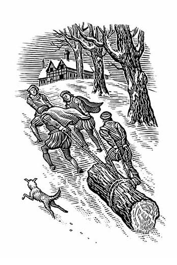 'Bringing home the Yule Log'. From A Tudor Christmas. Image © Bill Sanderson